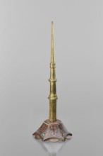 Candlestick, enamel on a hexagonal base tapering towards the top with a shaft; on each side a coat