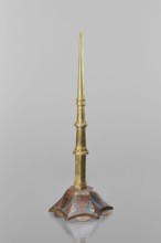 Candlestick, enamel; on a hexagonal base tapering toward the top with a shaft; on each side a coat