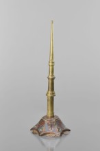 Candlestick, enamel on a hexagonal base tapering towards the top with a shaft; on each side a coat