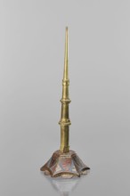 Candlestick, enamel on a hexagonal base tapering toward the top with a shaft; on each side a coat