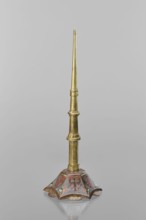 Candlestick, enamel, on a hexagonal base tapering towards the top with a shaft; on each side a coat