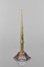 Candlestick, enamel on a hexagonal base tapering toward the top with a shaft; on each side a coat