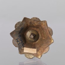 Candlestick, enamel, on a hexagonal base tapering towards the top with a shaft; on each side a coat