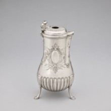 Chocolate jug by Edme-Pierre Balzac fl. 1739–1781, goldsmith. Pear-shaped chocolate jug supported