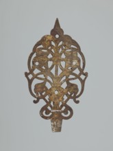 hinge end for a chest, fittings, hinge end from a pair, in the form of an openwork rounded plaque