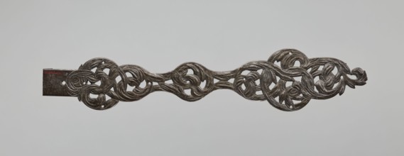 Hinge, openwork strap hinge from a pair: at one end a flat bar bent at a right angle and rolled
