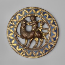Medallion, Samson Bible, Samson fighting a lion iconography. Circular openwork medallion with an