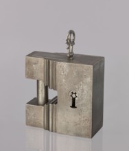 Padlock, 19th century. A padlock in the shape of a cuboid, the upper part topped with a kind of