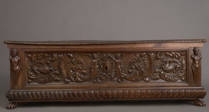 Chest, acanthus twig, fantastic animals, fantastic figures, snakes, coats of arms, herms decorative