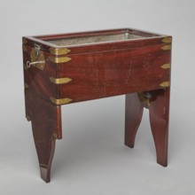 Bidet, unknown origin, hygiene; cuboid mahogany bidet containing a plated container of the same