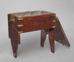Bidet, unknown origin, hygiene; cuboid mahogany bidet containing a plated container of the same