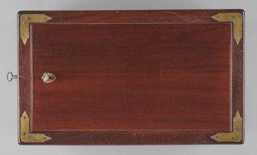 Bidet, unknown origin, hygiene; cuboid mahogany bidet containing a plated container of the same
