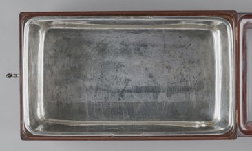 Bidet, unknown origin, hygiene, cuboid mahogany bidet containing a plated container of the same