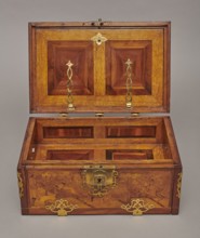 Casket, Baroque cuboid case inlaid with figural scenes and openwork brass fittings. Front shows a