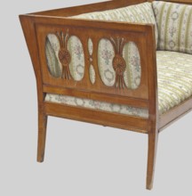 Sofa, origin unknown, Biedermeier, epergne ornament, classicism. Arched outer legs, straight middle