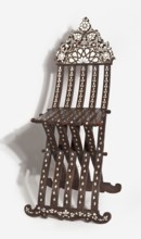 Chair with footrest, seat, and backrest composed of five slatted elements, richly inlaid with bone