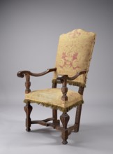 Armchair, neo-Baroque, padded seat and backrest upholstered with large-patterned silk fabric;