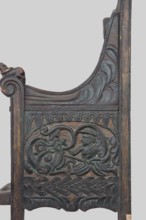 Armchair, wickerwork ornament, battle scenes, knights, plant ornament, dogs, ca. 1500 or 1st half