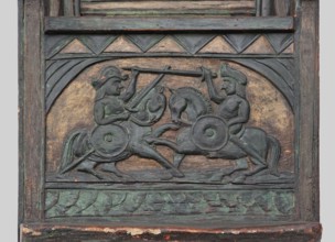 Armchair, wickerwork ornament, battle scenes, knights, plant ornament, dogs, ca. 1500 or 1st half