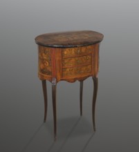 Chest of drawers table, classicism and rococo styles, floral decorations. Oval chest with a tall