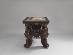 Table, Neo-Baroque, richly carved table with a rectangular mosaic top supported by four supports in