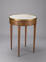 Table, classicism style, geometric ornament, round mahogany table with a white marble top enclosed