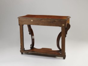 Console, Biedermeier and Louis Philippe styles, carved mahogany-veneered console on four angular