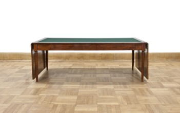Table, Biedermeier style; rectangular table with drop-down flaps on the short sides; supported by