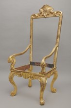 Travel armchair, late Baroque type, carved and gilded, with a high flat backrest on cabriole legs