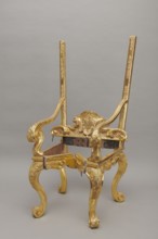 Travel armchair, late Baroque type, carved and gilded, with a high flat backrest, cabriole legs