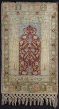 Giordes-type prayer rug, In the central field a red semicircular mihrab arch with offsets; in the