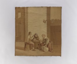 Figural tapestry. Genre scene in an inn: inside a farm building or stable, three men sit at a table
