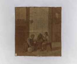Figural tapestry showing genre scene in an inn. Inside a farm building, perhaps a stable, three men