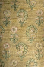 Tapestry, sewn from two fabrics. Rectangular central field of silk ikat fabric, interwoven with
