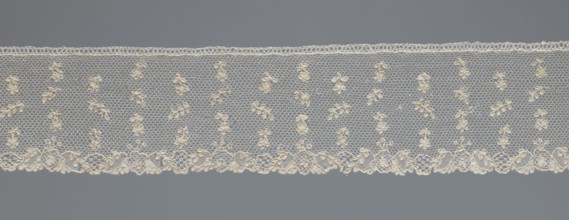 Fragment of lace;, One-sided strip of edge ornament made of plant forms: motif of a pinnately