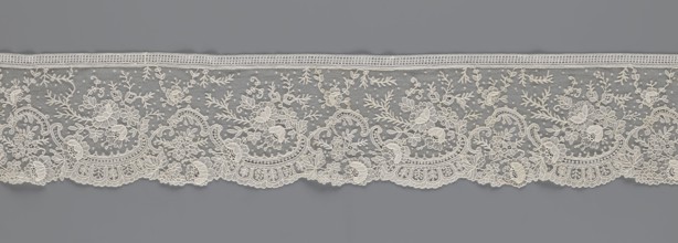 Lace fragment, lace, floral ornaments with rocaille motifs, over-stylized fan-shaped ribbons with