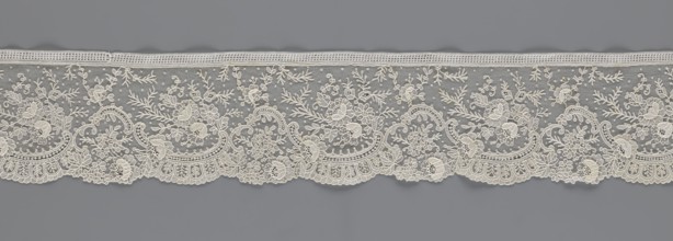 Lace fragment, Lace with floral ornaments, rocaille motifs, over-stylized fan-shaped ribbons with