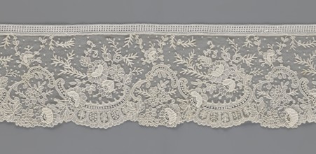 Lace fragment, lace with floral ornaments including rose flowers—some modeled in relief with petals