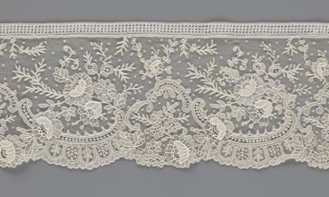 Lace fragment, lace, floral ornaments with rocaille motifs, over-stylized fan-shaped ribbons with
