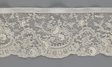Lace fragment, lace with floral ornaments, rocaille motifs, over-stylized fan-shaped ribbons with