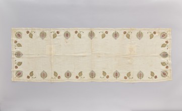 Church napkin made of thin white linen batiste edged with multicoloured embroidery. Ornament