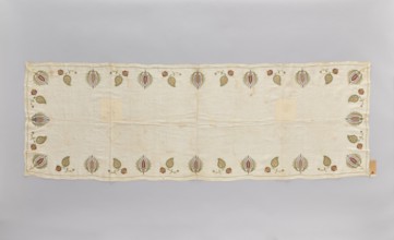 Church napkin made of thin white linen batiste edged with multicoloured embroidery. Ornament