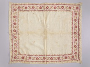 Church napkin. Napkin of white linen canvas edged with a band embroidered with silk and gold thread