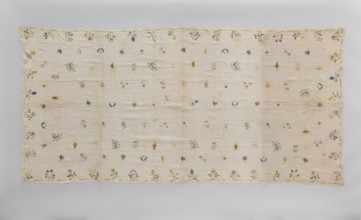 Church napkin tablecloth made of very thin linen batiste covered with multicolored silk embroidery.