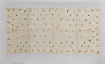 Church napkin tablecloth made of very thin linen batiste covered with multicolored silk embroidery.
