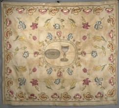 Church napkin of cream now yellowed silk morosa, embroidered with colorful silk threads and metal
