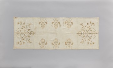 Church napkin of thin white linen 25 warp and weft threads per cm covered with embroidery featuring