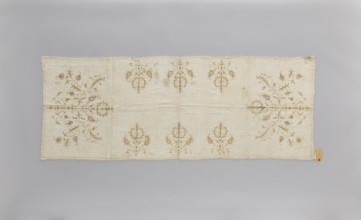 Church napkin of thin white linen 25 warp and weft threads per cm covered with embroidery featuring
