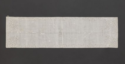 Church napkin. Napkin of white, thin, sparsely woven plain-weave batiste, embroidered with silk