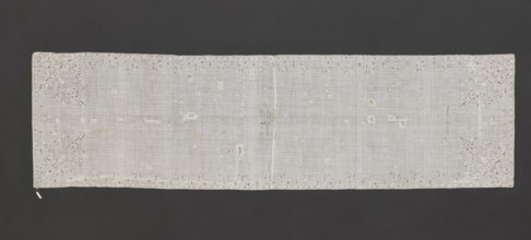Church napkin. Napkin of white, thin, sparsely woven plain-weave batiste, embroidered with silk